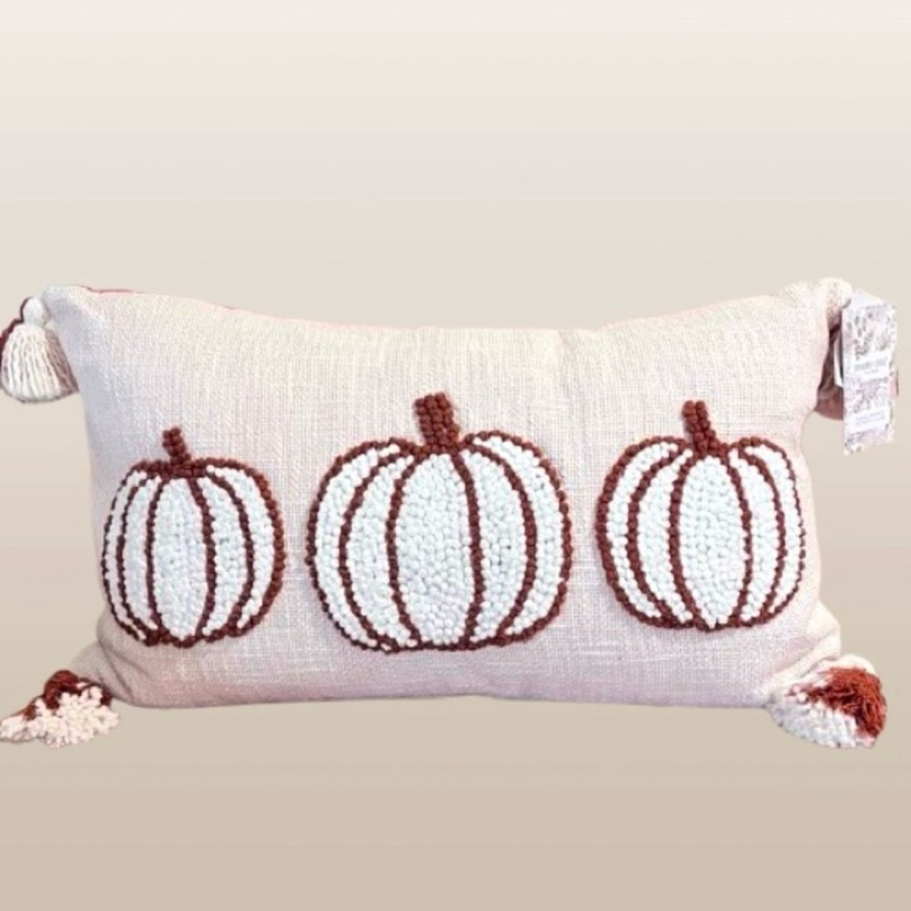 NWT- Shabby Chic Embroidered Pumpkin Trio Neutral Fall Pillow
